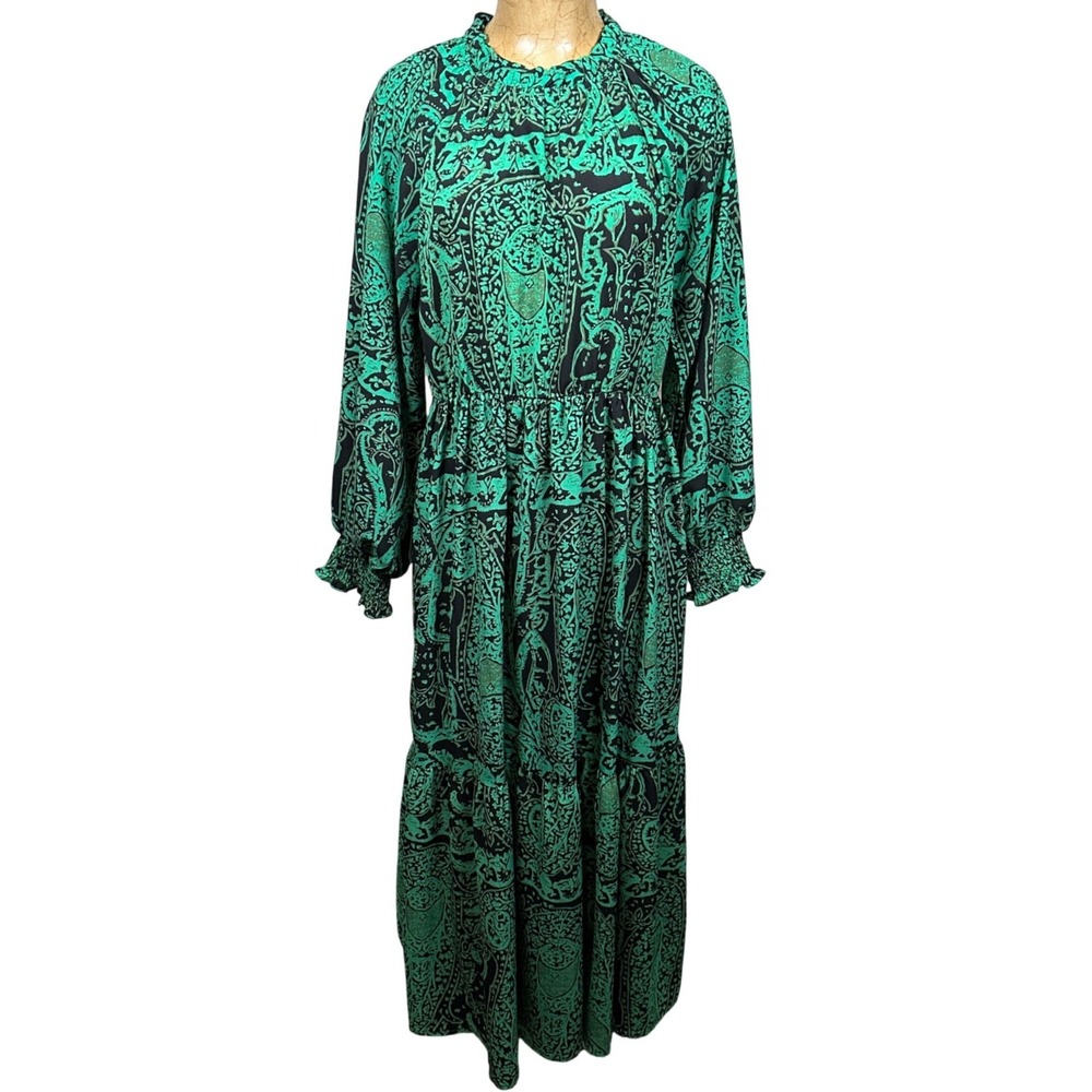 Jodifl Green Black Paisley Maxi Dress Womens‎ Medium Long Sleeve Tiered Boho